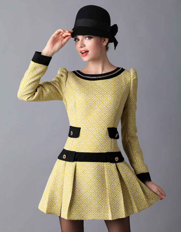 Grid round neck long sleeve dress - Click Image to Close